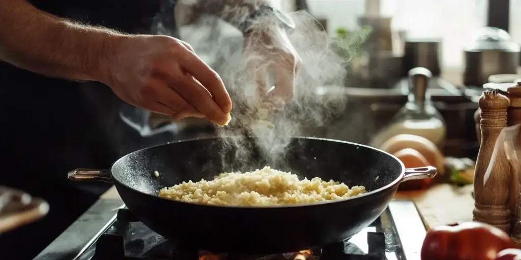 Risotto Cooking Technique Chef adding grated cheese to steaming pasta in a skillet on the stove.