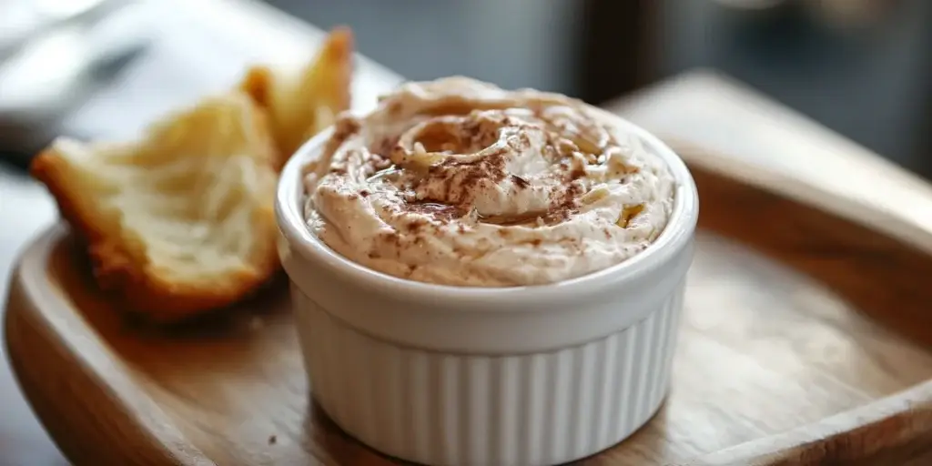 Creamy French onion dip served in a white ramekin with toasted bread on a wooden tray