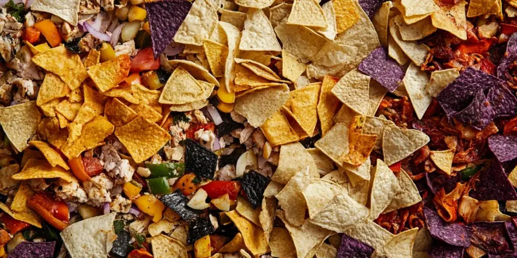 Southwestern layered dip history Colorful mixed tortilla nachos with grilled chicken, veggies, and melted cheese