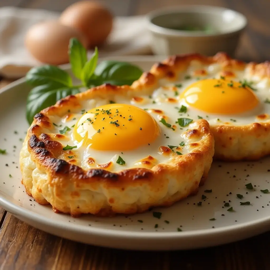 Close-up of perfectly baked eggs nestled in golden, fluffy cottage cheese nests, garnished with herbs