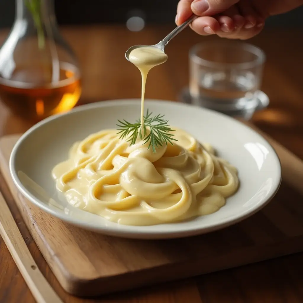 Alfredo Sauce Origins in Rome Creamy Alfredo sauce being spooned over fettuccine pasta, garnished with fresh dill