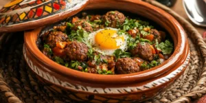 Moroccan kefta tagine with eggs with spiced meatballs, tomatoes, and a sunny-side-up egg, garnished with fresh cilantro and served in a hand-painted clay pot