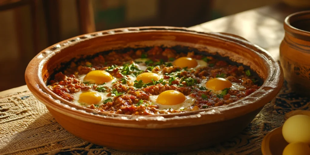 Moroccan Lamb Meatballs in Saffron Tomato Sauce Traditional Moroccan clay tagine filled with spiced tomato sauce, small meatballs, and sunny-side-up eggs, garnished with fresh parsley